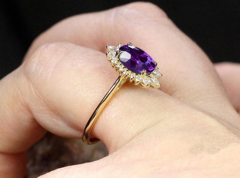 1 CT Oval Cut Amethyst Diamond Yellow Gold Over On 925 Sterling Silver Halo Vintage Promise Ring
