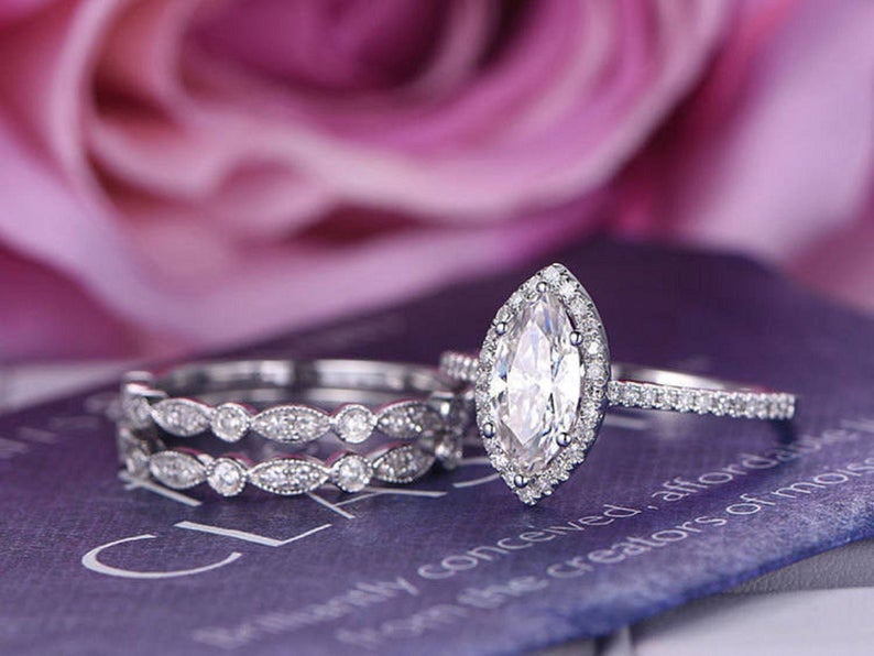 2 CT Marquise Cut Diamond 925 Sterling Silver Halo Engagement Trio Ring Set