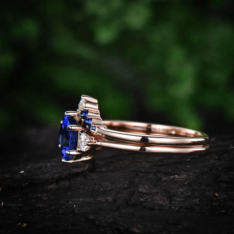 1 CT Round Cut Blue Sapphire Diamond 925 Sterling Silver Three stone wedding band bridal set