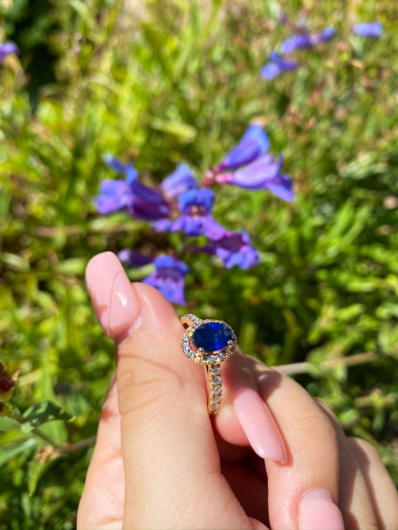 1 CT Oval Cut Blue Sapphire Diamond 925 Sterling Silver Halo Women Wedding Ring
