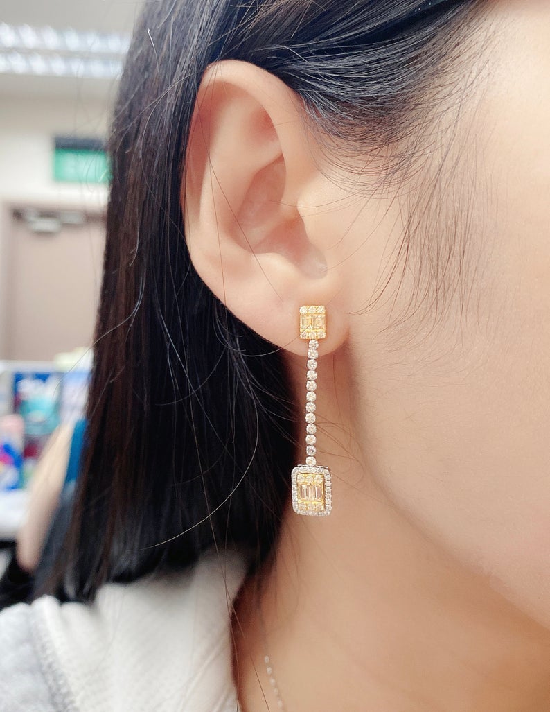 3.75 Ct Brilliant Cut Yellow Sapphire & White CZ 925 Sterling Silver Engagement Dangle Earrings