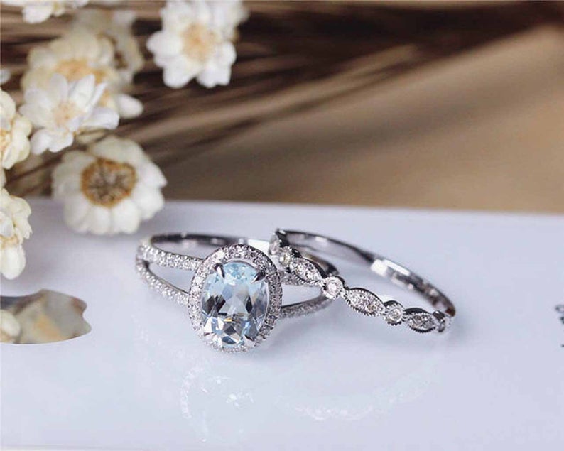 1 CT Oval Cut Aquamarine Diamond 925 Sterling Silver Halo Anniversary Bridal Ring Set