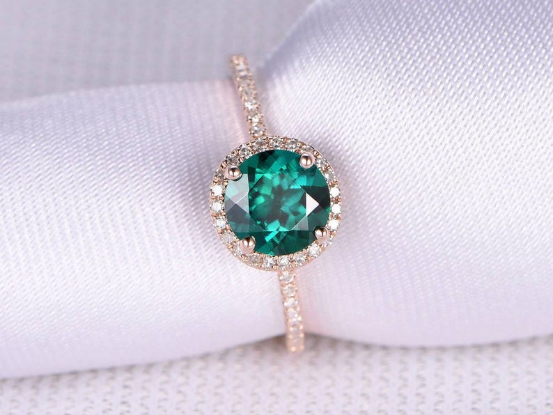 1 CT Round Cut Emerald Diamond Rose Gold Over On 925 Sterling Silver Halo Engagement Ring