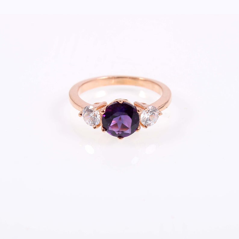 1 CT Round Cut Amethyst Diamond 925 Sterling Silver Three Stone Wedding Ring