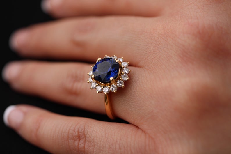 1 CT Round Cut Blue Sapphire Diamond 925 Sterling Silver Halo Engagement Ring For Her