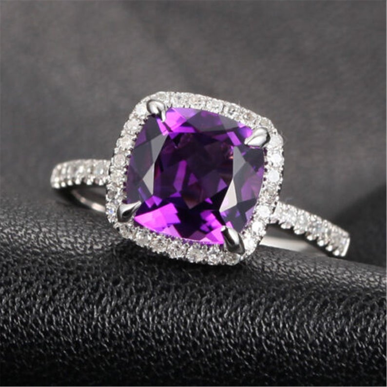 2 CT Cushion Cut Amethyst Diamond 925 Sterling Silver Halo Anniversary Ring - atjewels.in