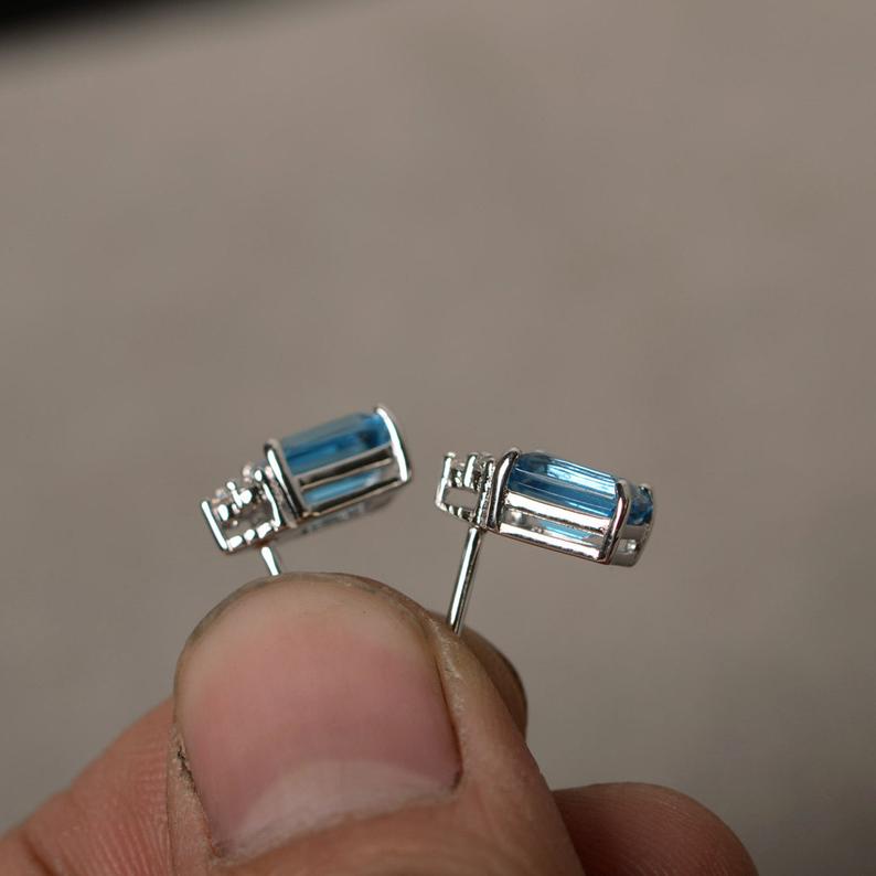 2.20 Ct Emerald Cut Blue Topaz 925 Sterling Silver Anniversary Gift Stud Earrings