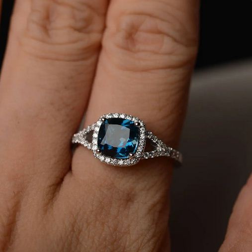 2.50 Ct Cushion Cut London Blue Topaz 925 Sterling Silver Halo Engagement Wedding Ring