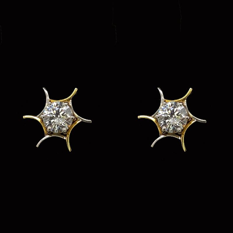 18k Gold Two-Tone Swirly Single Stone Stud Earrings