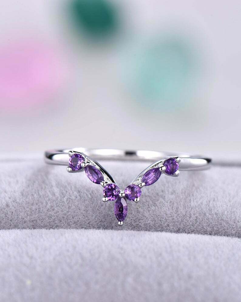 0.90 CT Curved Purple Amethyst Diamond Wedding Band Ring Gift For Her 925 Sterling Silver