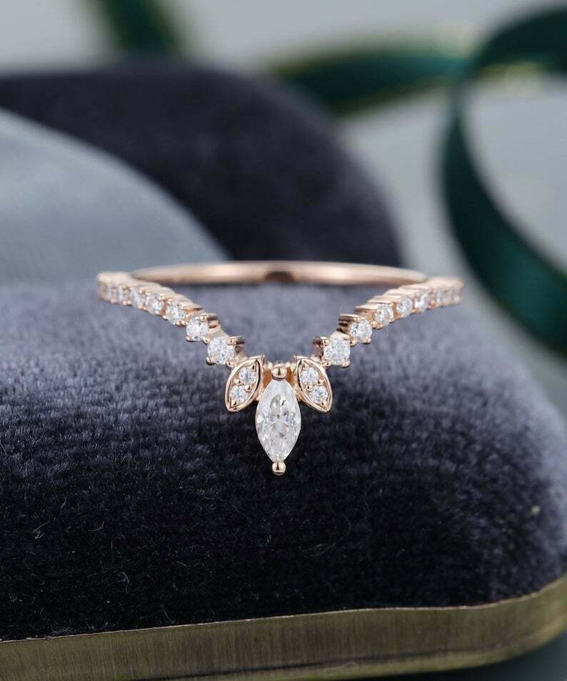 0.50 CT Marquise Cut Diamond Curved Wedding Band Ring 925 Sterling Silver