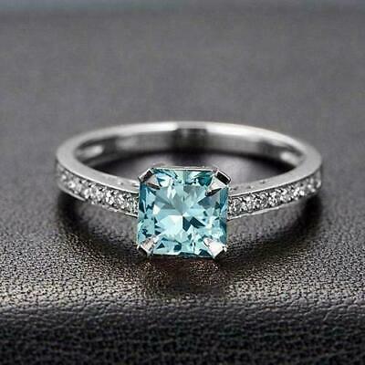 2.50 CT Princess Cut Aquamarine & Diamond Wedding Bridal Ring Set 925 Sterling Silver