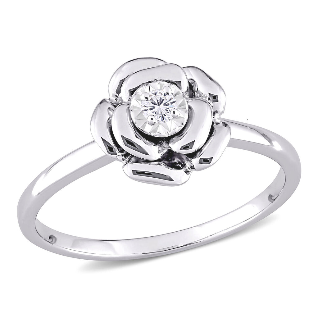 0.05 Ct Round Cut White Diamond 14k White Gold Over Accent Flower Solitaire Ring On 925 Sterling Silver