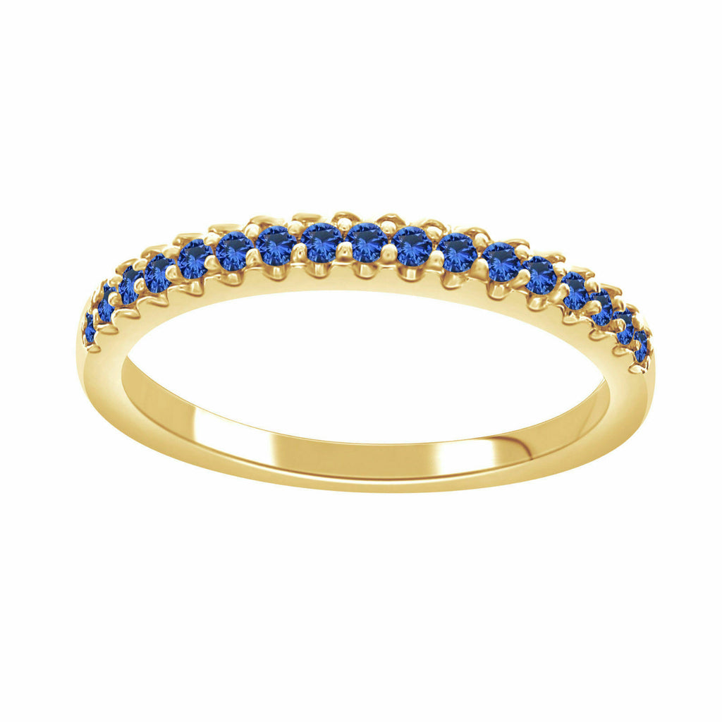 0.12Ct Round Cut Blue Sapphire 14K Solid Yellow Gold 925 Sterling Silver Band Ring