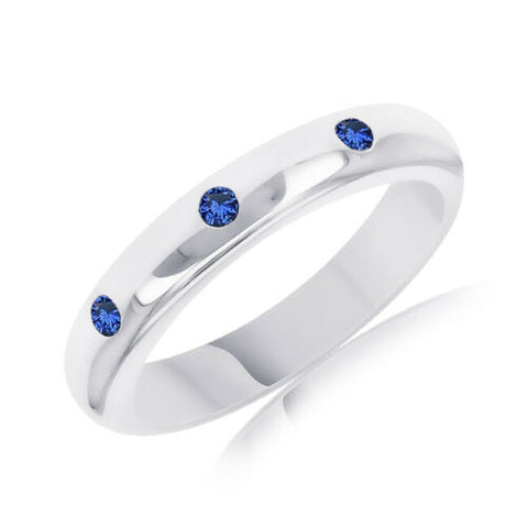 0.12 Ct Round Cut Blue Sapphire 14K White Gold Finish 925 Sterling Silver Band Ring
