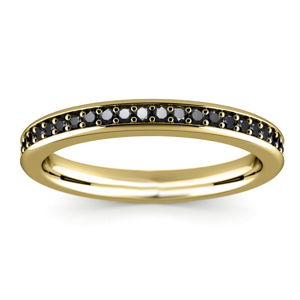 0.25 Ct Round Cut Black Diamond 14k Yellow Gold Finish Eternity Wedding Anniversary Band Ring 925 Sterling Silver