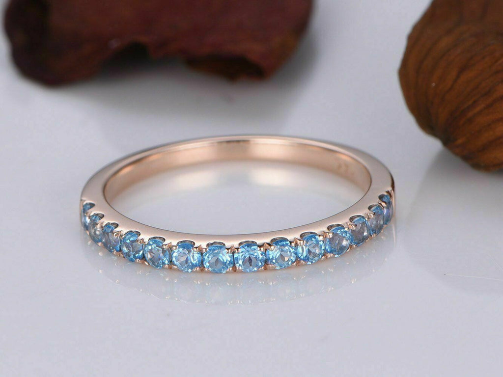 0.65Ct Round Cut Aquamarine Half Eternity Wedding Band Ring 14K Rose Gold Over Plated 925 Sterling Silver