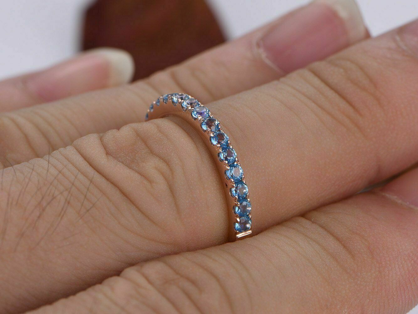 0.65Ct Round Cut Aquamarine Half Eternity Wedding Band Ring 14K Rose Gold Over Plated 925 Sterling Silver