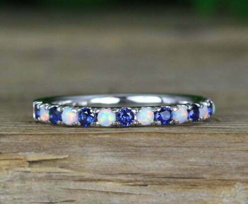 0.75 Ct Cut Bule Sapphire & Opal Half Wedding Eternity Band Ring 14K White Gold Finish 925 Sterling Silver Plated