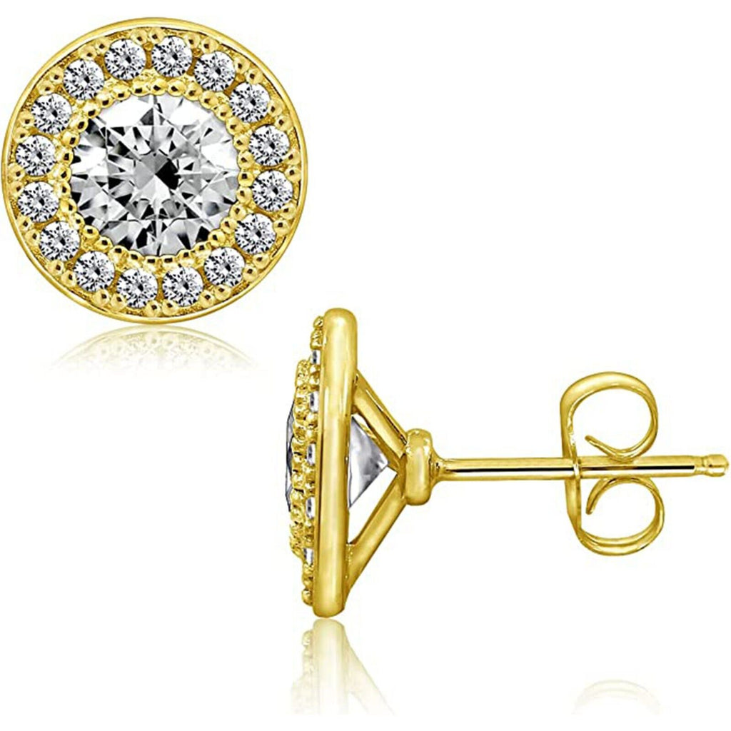 0.75Ct Round Cut Diamond 14K Yellow Gold Over Halo Womens Stud Earrings 925 Sterling Silver