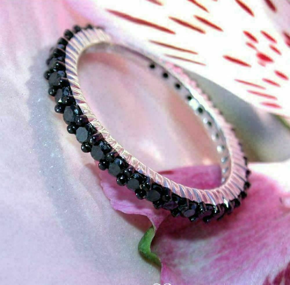 0.80 Ct Round Cut Black Diamond Full Eternity Wedding Band 14k White Gold Finish 925 Sterling Silver