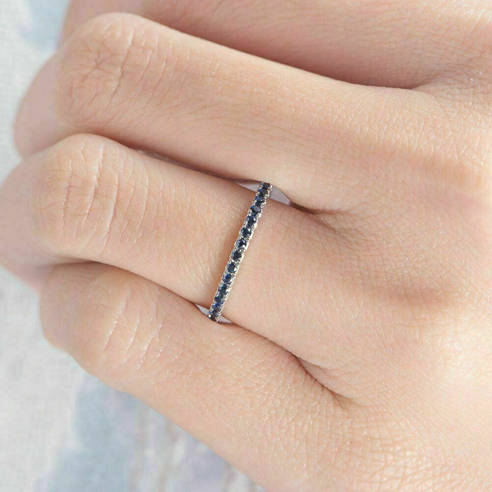 0.80Ct Round Cut Blue Sapphire Half Eternity14K White Gold Over Wedding Band Ring Plated On 925 Sterling Silver