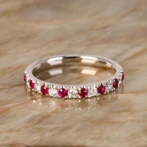 0.80Ct Round Cut Red Ruby & Diamond Half Eternity Wedding Promise Ring 14K White Gold Finish 925 Sterling Silver