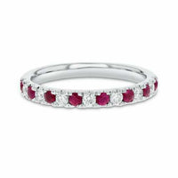 0.80Ct Round Cut Red Ruby & Diamond Half Eternity Wedding Promise Ring 14K White Gold Finish 925 Sterling Silver