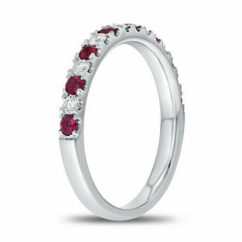 0.80Ct Round Cut Red Ruby & Diamond Half Eternity Wedding Promise Ring 14K White Gold Finish 925 Sterling Silver