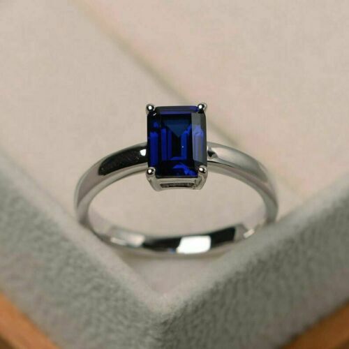 1.00 Ct Emerald Cut Blue Sapphire Solitaire Engagement Ring 14k White Gold Over On 925 Sterling Silver