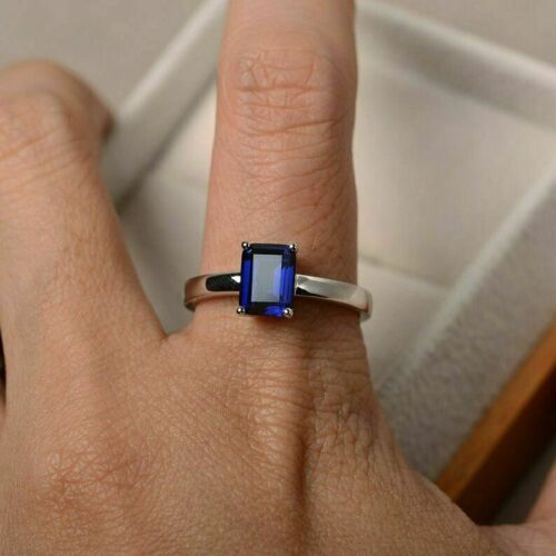 1.00 Ct Emerald Cut Blue Sapphire Solitaire Engagement Ring 14k White Gold Over On 925 Sterling Silver