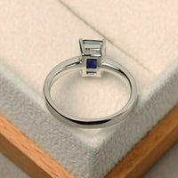 1.00 Ct Emerald Cut Blue Sapphire Solitaire Engagement Ring 14k White Gold Over On 925 Sterling Silver