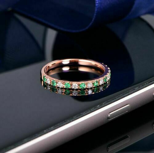 1/2Ct Round Cut Green Emerald & Diamond Half Eternity Wedding Band 14K Rose Gold Plated On 925 Sterling Silver