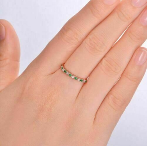 1/2Ct Round Cut Green Emerald & Diamond Half Eternity Wedding Band 14K Rose Gold Plated On 925 Sterling Silver