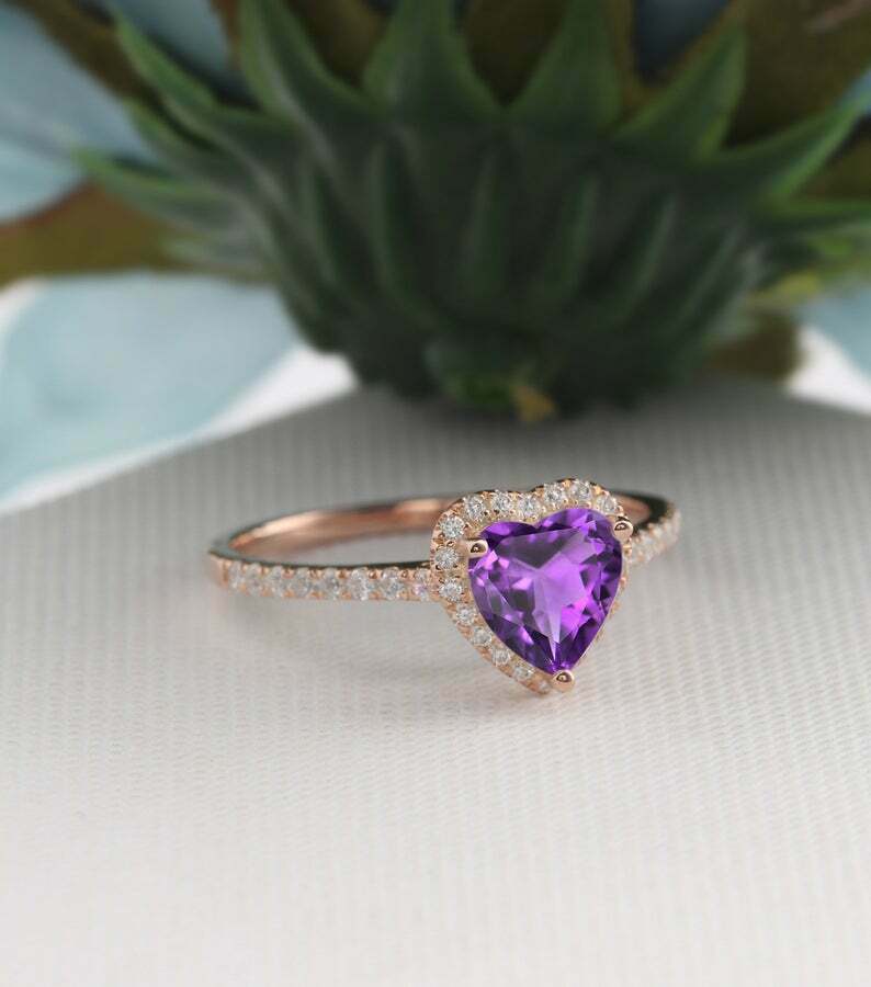1.30 Ct Heart Cut Amethyst Diamond 14k Rose Gold Over Engagement Wedding Ring