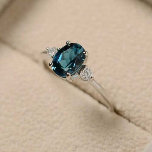 1.5 CT Oval Cut Blue Topaz & Diamond Trilogy Engagement Ring 14K White Gold Over On 925 Sterling Silver