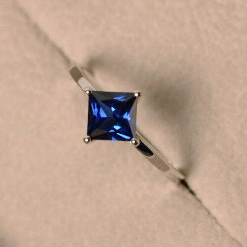 1.50 Ct Princess Cut Blue Sapphire Diamond Engagement Wedding Solitaire Ring 14K White Gold Finish 925 Sterling Silver