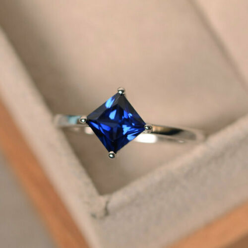 1.50 Ct Princess Cut Blue Sapphire Diamond Engagement Wedding Solitaire Ring 14K White Gold Finish 925 Sterling Silver