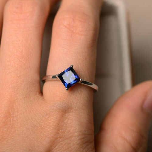 1.50 Ct Princess Cut Blue Sapphire Diamond Engagement Wedding Solitaire Ring 14K White Gold Finish 925 Sterling Silver