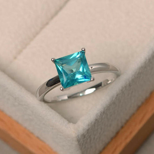 1.50 Ct Princess Cut Blue Topaz Diamond Engagement Solitaire Ring 14K White Gold Over 925 Sterling Silver