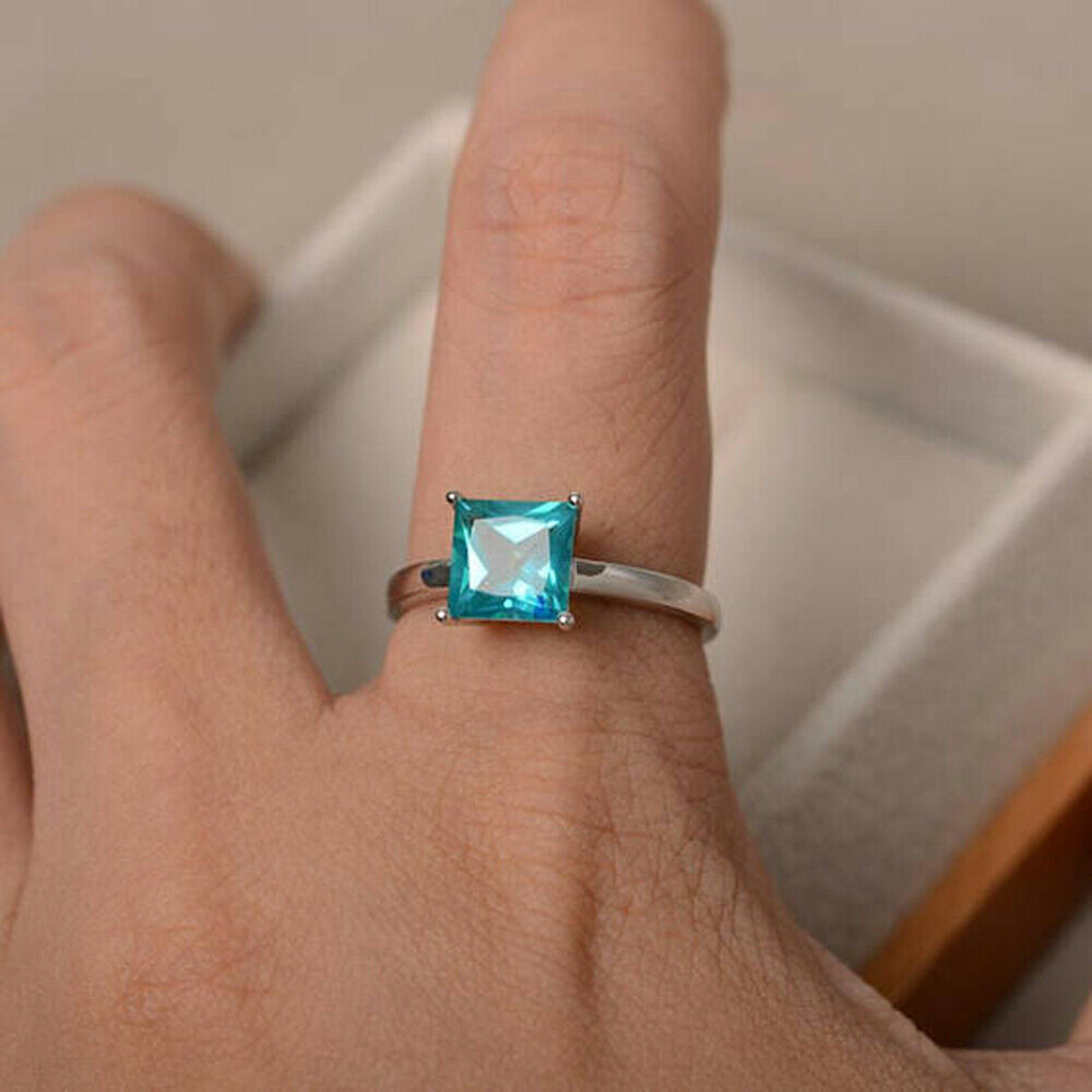1.50 Ct Princess Cut Blue Topaz Diamond Engagement Solitaire Ring 14K White Gold Over 925 Sterling Silver
