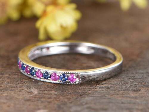 1.50 Ct Round Pink and Blue Sapphire 14K White Gold Over On 925 Sterling Silver Band Ring