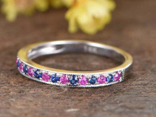 1.50 Ct Round Pink and Blue Sapphire 14K White Gold Over On 925 Sterling Silver Band Ring