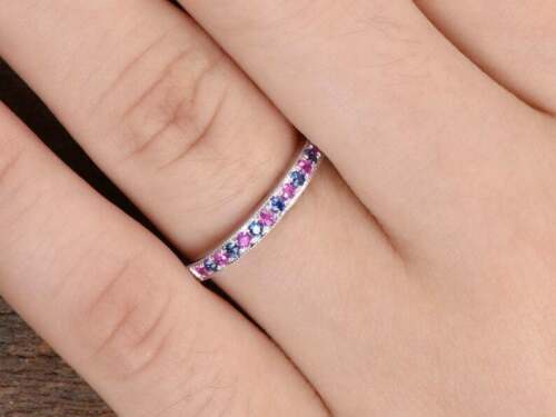 1.50 Ct Round Pink and Blue Sapphire 14K White Gold Over On 925 Sterling Silver Band Ring