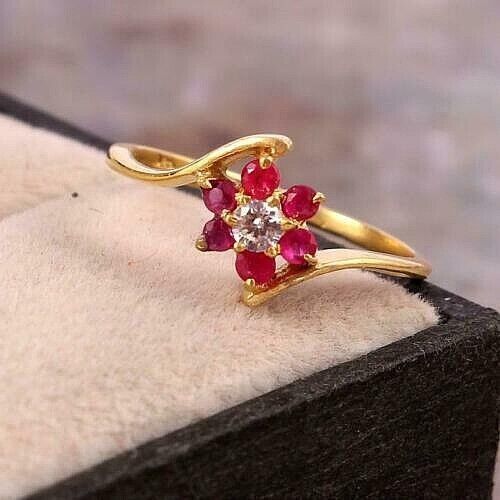 1.50 Ct Round Cut Diamond Red Ruby 14K Yellow Gold Plated Flower Engagement Ring 925 Sterling Silver