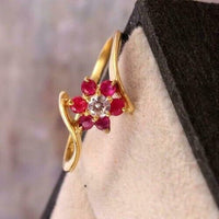 1.50 Ct Round Cut Diamond Red Ruby 14K Yellow Gold Plated Flower Engagement Ring 925 Sterling Silver