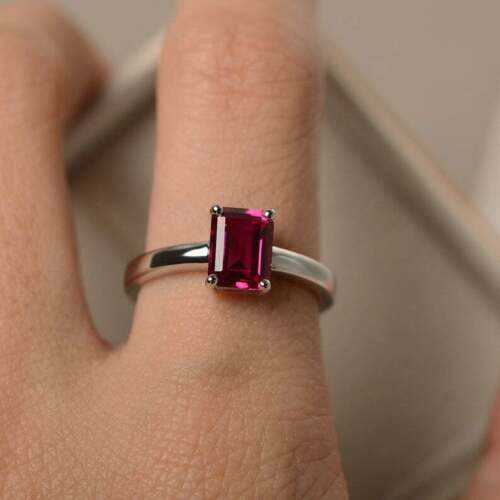 1 Ct Emerald Cut Ruby Solitaire Engagement Promise Womens Ring 14K White Gold Over