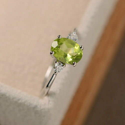 1.5 Ct Oval Cut Green Peridot Diamond Engagement Wedding Ring 14K White Gold Over 925 Sterling Silver