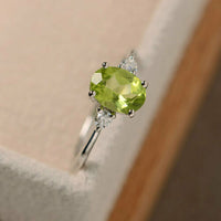 1.5 Ct Oval Cut Green Peridot Diamond Engagement Wedding Ring 14K White Gold Over 925 Sterling Silver