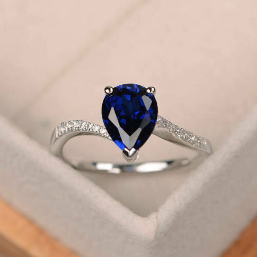 1.5 Ct Pear Cut Blue Sapphire Diamond Engagement Ring 14K White Gold Over 925 Sterling Silver
